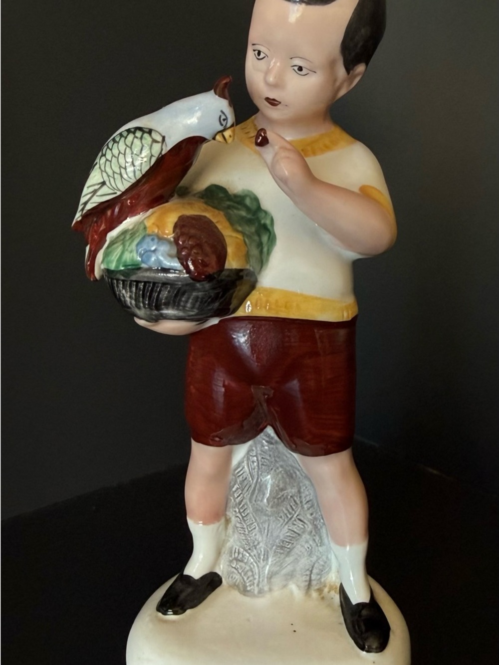 Antique German Porcelain Boy w Bird Parrot Figurine 6.5” - Picture 5 of 7